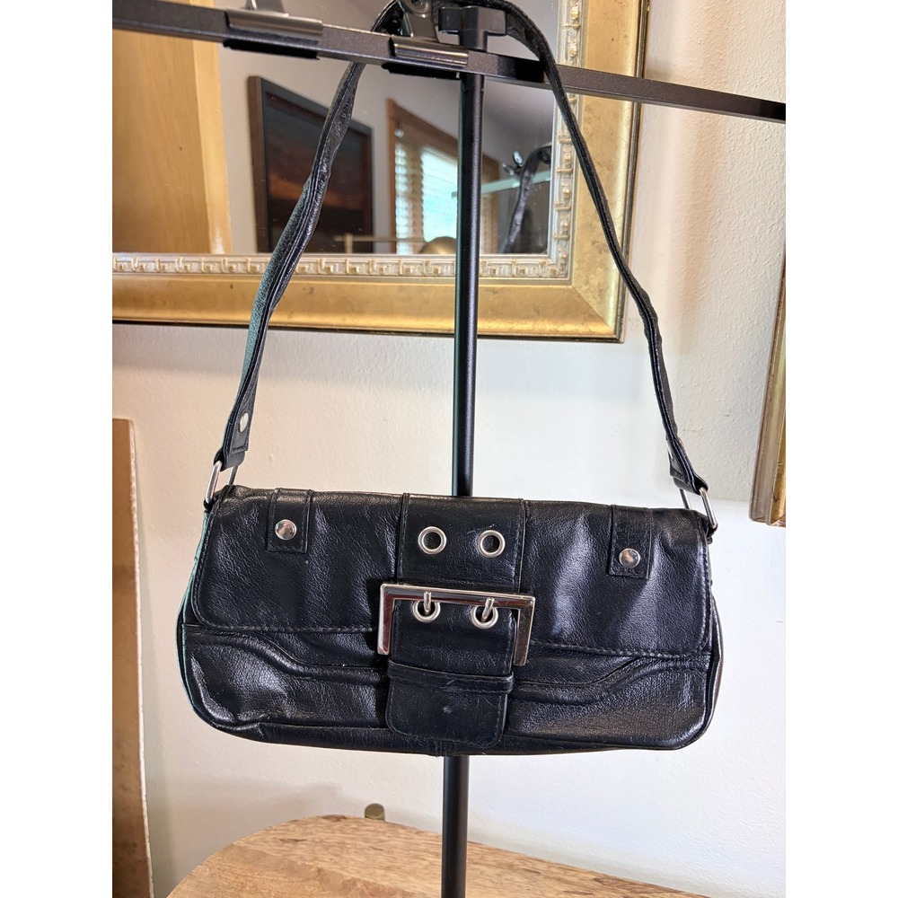 Wilsons Leather Maxima Black Leather Buckle Baguette Shoulder Bag Y2K